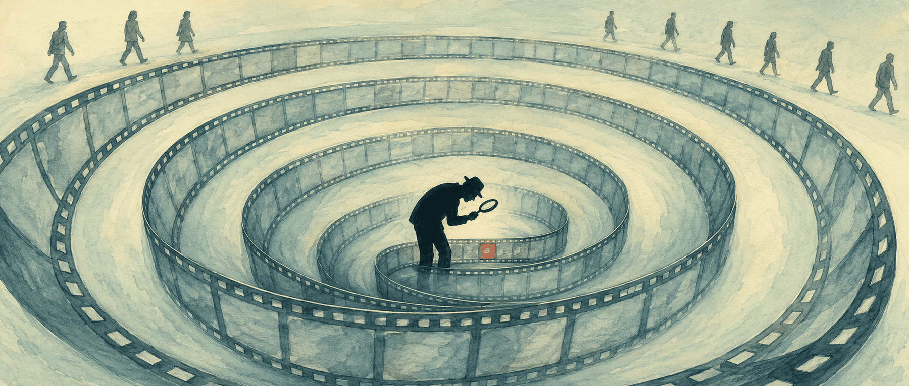A filmmaker at the center of a whirlpool of spiraling film, magnifier to one frame, while the film underfoot winds him downward and silhouetted viewers walk away at the edge